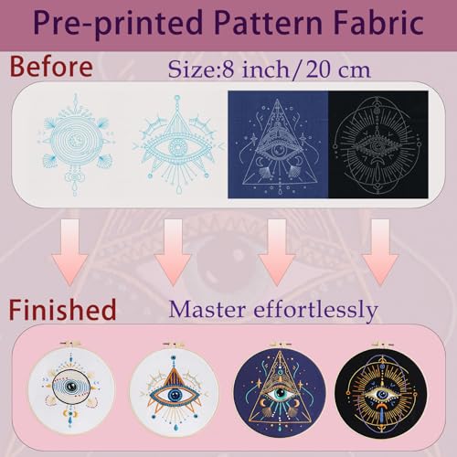 Vereela Evil Eye Embroidery Kit for Beginners Adults, 4 Pack Pre Stamped Embroidery Starter Kit with 8" Hoop, Threads, Needles, Tools & Instructions, DIY Needlework Craft Gift for Women Teens - color: Evil Eye