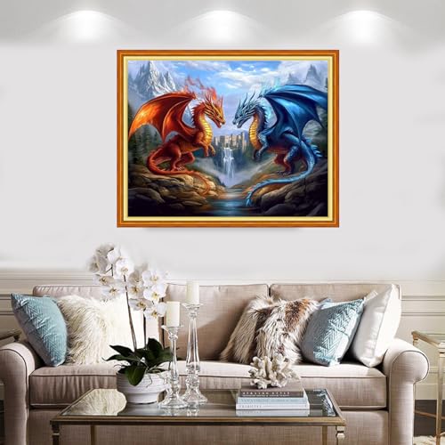 Redxing Stamped Cross Stitch Kits Full Range of Embroidery Starter Kits- Needlepoint Counted Cross Stitch Kits for Beginner Adults 11CT Printed Embroidery Kit-Water Fire Dragon Landscape 16x20 inch - color: Artskits28