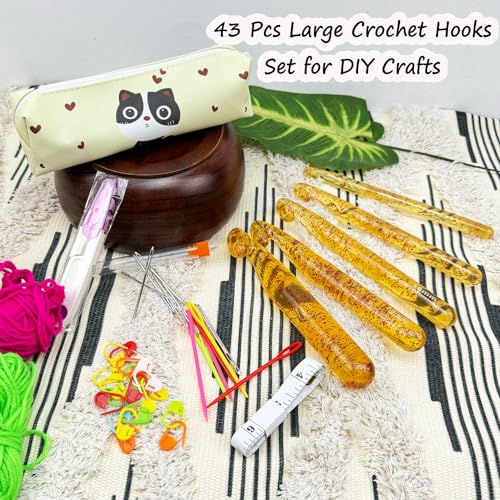 43 Pcs Large Crochet Hooks Set,12mm 15mm 18mm 20mm 25mm Large Crochet Hooks for Chunky Yarn,Plastic Crystal Smooth Big Crochet Needles for Handmade DIY Crochet with Storage Bag - color: Yellow