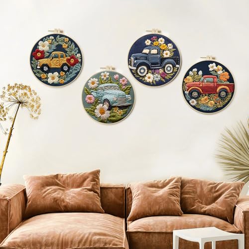 LB 4-Pack Colorful Truck Flower Embroidery Kit for Beginners: Cross Stitch Kit with Green Floral | Adults DIY Starter Kit Includes Embroidery Hoop, Colorful Threads, Tools and Instructions - color: Blue Red