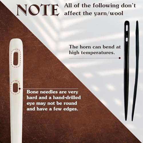 Savina Set 2 Nalbinding Needle Bone & Horn with Large Two-Eyed. Handmade Binding Tool, Multipurpose Weaving/Knitting/Stitching Needles for Craft Work