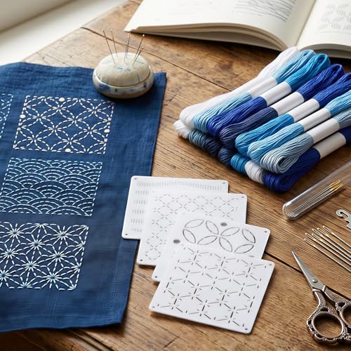 58 Pcs Sashiko Thread Kit with Plastic Sashiko Stencil, Thimble and Needles, Geometric Embroidery Pattern, Sashiko Template for Hand Quilting and Embroidery Projects Jeans Repair DIY Gift
