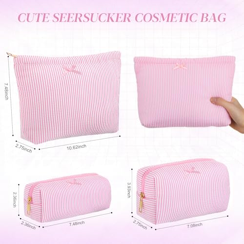 Sanwuta 3 Pcs Seersucker Pouch Cosmetic Bag Set,Light Pink - color: Light Pink