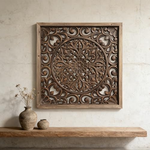 XIAOAIKA Boho Carved Wood Wall Art Panel, Floral Mandala, Distressed Brown - color: Brown
