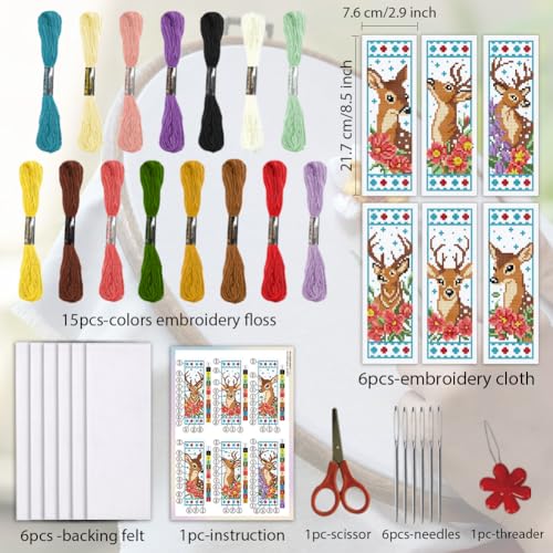 ORIGACH 6 Set Deer & Flower Cross Stitch Bookmark Kit for Beginner - style: Deer & Flower