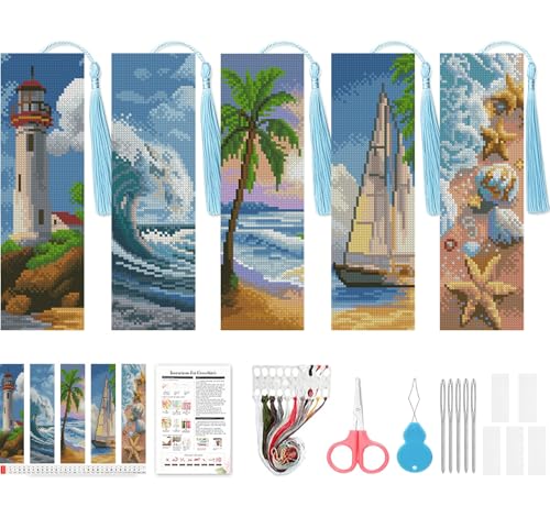 VIGEGU 5 Pack Beach Scenery Cross Stitch Bookmark Kits for Adult Beginners - color: Beach Cross Stitch Bookmarks