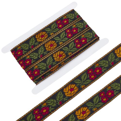 FINGERINSPIRE 5.5 Yards Ethnic Style Embroidery Flower Ribbon 1-1/4 Inch Wide Black Floral Jacquard Vintage Woven Trim for DIY Crafts Sewing Clothing - color: Black