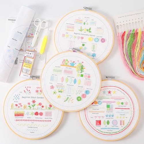 VIVIDOX 4 Sets Embroidery Kit for Beginners Adults, 35 Stitches Practice Kits Cross Stitch for Starter, DIY Hand Craft with Stamped Pattern, Bamboo Hoop, Threads, Needles, Scissors, Tools, Instruction - color: 35 Stitches Practice Kit (with 1 Hoop)