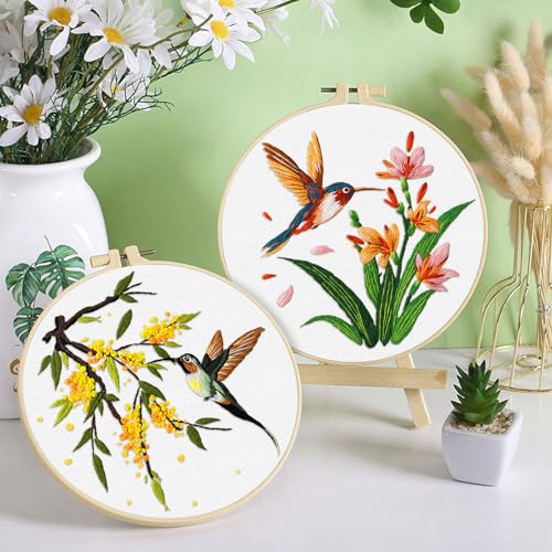 ERKOON 3 Sets Embroidery Kit, Hummingbird Cross Stitch Set for Include Embroidery Cloth Hoops Threads for Craft Lover Hand Stitch (Hummingbird) - color: Hummingbird