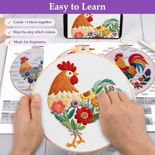 Uniartfy 3 Pack Funny Rooster and Flower Embroidery Kits for Beginners, Animal Cross Stitch Kit for Adults, DIY Needlepoint with Stamped Pattern, Embroidery Hoop, Tools, Colorful Threads, Instructions - color: Embroidery Kit-M