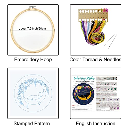 Louise Maelys Cat Moon Embroidery Kit for Beginners Floral Design - color: kit-12