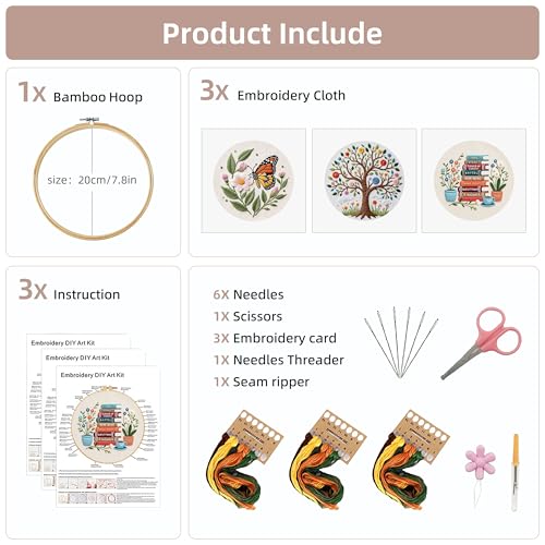 KEKEMEOW 3 Sets Embroidery Kit for Beginners, Stitches with Books and Flowers, Embroidery Stitch Practice kit for Adults Craft Lover, Cross Stitch Kit with Pattern、Instruction、Hoop - color: Book and flower