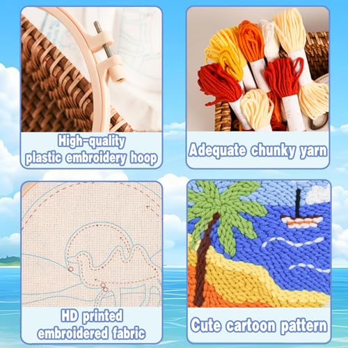 Palm Tree Beach Punch Needle Kit for Beginners - 8 Inch Tropical Ocean DIY Embroidery Starter Set with Pre-Printed Fabric, Wooden Hoop, Yarn & Tools - Wall Art Craft Gift for Adults Home Decor - color: BLUE-SEA