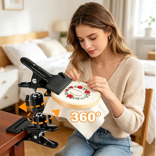 SELMAIDY Portable Metal Embroidery Hoop Stand, 360° Rotatable Table Clamp Holder for Cross Stitch and Needlework