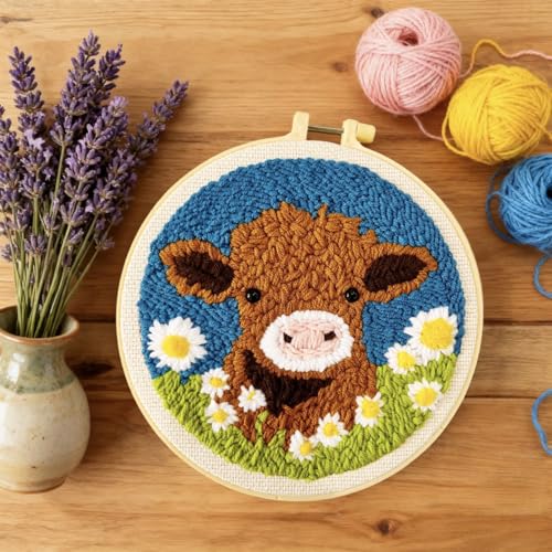 DIY Punch Needle Kits Highland Cow with Daisy Flower with Hoop 20x20cm-1 - color: 01-Highland Cow