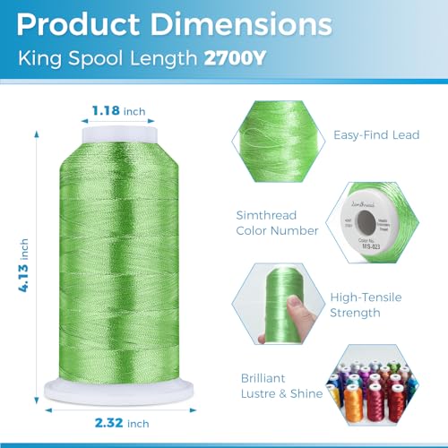 Simthread 2700 Yards Metallic Embroidery Machine Thread - Lime Green MS-023, 40wt High-Sheen King Spool, Smooth Running & Break Resistant for Commercial & Home Embroidery Machines - color: Lime Green MS-023