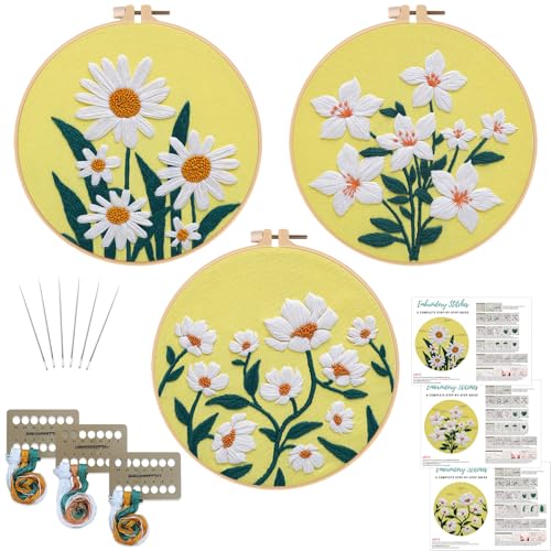 Louise Maelys 3 Pack Floral Embroidery Kit for Beginners with Supplies - color: 3 florals