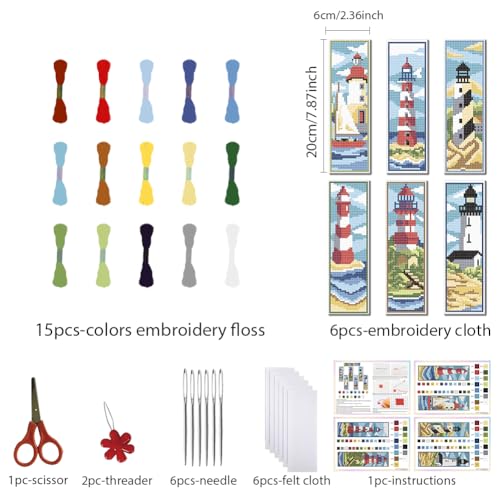 FREEBLOSS 6 Set Cross Stitch Bookmark Kit 11CT Lighthouse Scenery Pattern - style: LightHouse