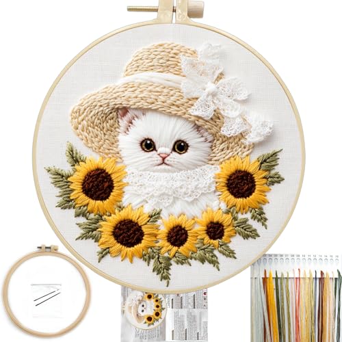 FONNUY White Kitten Embroidery Kit, Sunflowers Cat Lace Hat Cross Stitch Kits for Beginners, Handmade Crafts with Printed Patterns for Adults, Color Thread Needlework, 8'' Hoop (Cat 03) - color: Cat 03
