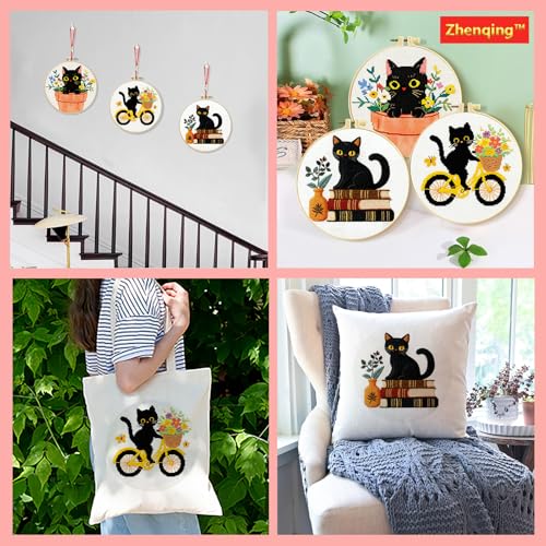Zhenqing 3-Piece Black Cat Cross Stitch Kit for Beginners - Complete Set with Pre-Printed 11CT 24x24cm Fabric, Hoop, Threads & Tools (3 Adorable Cat Designs)(70403) - color: 70403