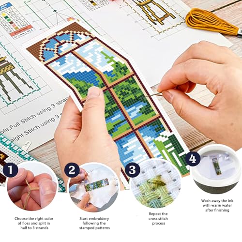 FREEBLOSS 6 Set Cross Stitch Bookmark Kit 11 CT Stamped Cross Stitch Kit DIY Embroidery Bookmark Kits for Adult Beginners with Instructions, Window Views, 6 x 20 cm/8" x 2.4" - style: Windows