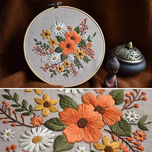 KISSBUTY Embroidery Starter Kit with Pattern, Bamboo Hoop, Color Threads, Flaxen Fabric (Floral Design, Kid, Art Craft Kit)