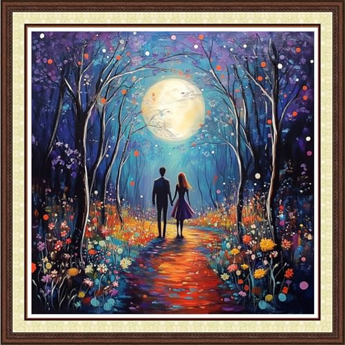 Findvoor Counted Cross Stitch Kits for Adults Full Range of Cross Stitching Embroidery Unprinted Pattern for Beginners, 11CT Needlepoint Kit Patterns Embroidery Kits-Couple Under Moonlight 18x18 inch - color: ColorCraft24