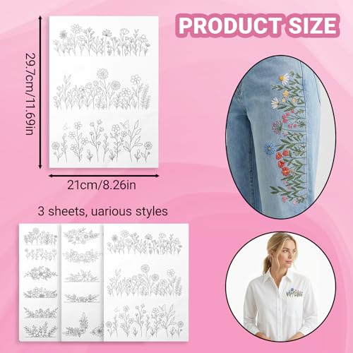 3 Sheets Water Soluble Embroidery Stabilizer, Water Soluble Stabilizer Stick and Stitch Embroidery-Paper Designs Transfer Paper with Pre-Printed Flower and Leaf for Hand Sewing for Embroidery Patterns
