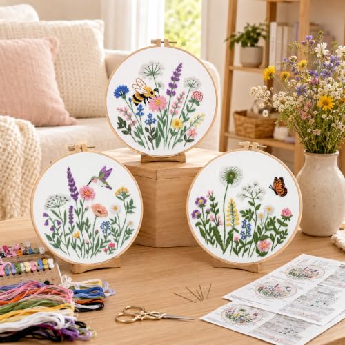 Nuberlic Embroidery Kit for Beginners, 3 Pack Floral Stamped Embroidery Starter Kit with Hoop, Pre Printed Flower Patterns, Threads, Needles and Step by Step Instructions, DIY Needlework Gift - color: flower
