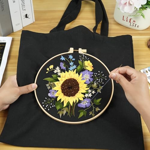 Canvas Tote Bag Embroidery Kit with Sunflower Pattern, Embroidery Kits for Beginners Adults, Arts and DIY Crafts Embroidery Starter kit, Include Stamped Embroidery Bag, Color Threads, Embroidery Tools - color: Black with Sunflower