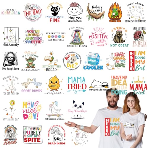 Tellingyou 36 Sheets Iron on Transfers Patches Dtf Ready to Press Vinyl Iron on Patch Embroidered Applique for T Shirt Jacket Pillow Covers Backpack Hoodies DIY Decorations (Funny Style) - style: Funny Style