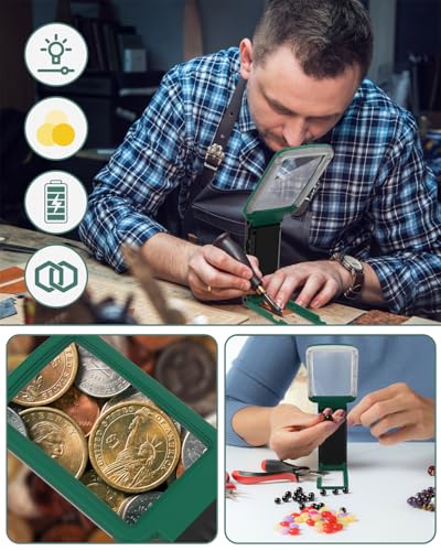 15X Magnifying Glass with Light and Stand, Rechargeable Folding Handheld Real Glass Magnifier, 3 Color Modes Dimmable Lighted Page Magnifying Sheet for Seniors Low Vision Small Prints - Green Black - color: Green-black