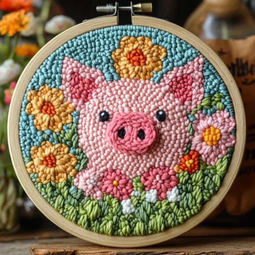 Punch Needle Kits for Beginners Cute Pig in Flowers 20x20cm-6 - color: 11-Pig