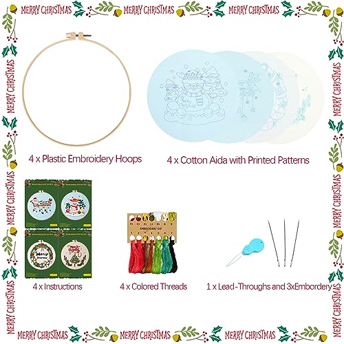 4 Sets Christmas Embroidery Starter Kit with Pattern for Beginners,Merry Christmas Embroidery Kit Ornaments, DIY Cross Stitch Set with 4 Plastic Embroidery Hoops,Color Threads,Tools and Instructions - color: Xmas White Beige Blue