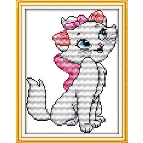 Cross Stitch Stamped Kits Pre-Printed Cross-Stitching Starter Patterns for Beginner Kids or Adults, Embroidery Needlepoint Kits (Pink cat 9.4×13 inch) - color: Pink cat, 9.4×13 inch