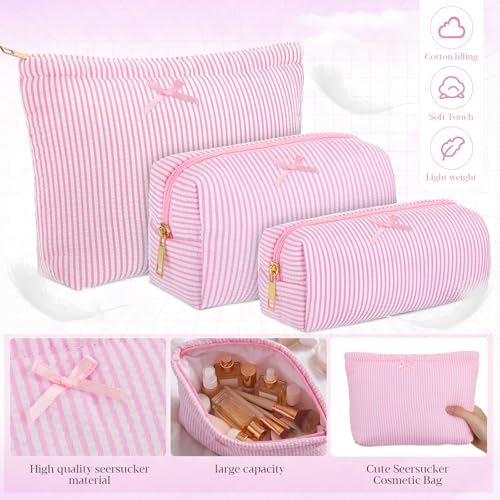 Sanwuta 3 Pcs Seersucker Pouch Cosmetic Bag Set,Light Pink - color: Light Pink