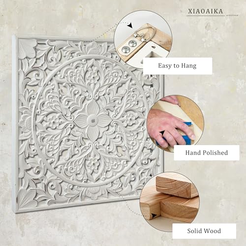 XIAOAIKA Boho Carved Wood Wall Art Panel, Floral Mandala, Distressed White - color: Distressed White