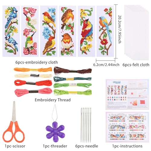 ORIGACH 6 Set Birds Cross Stitch Bookmark Kit for Beginner - style: Birds