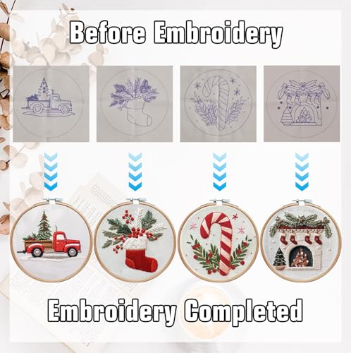 CanVrinxol 4 Sets Christmas Embroidery Kits for Adults Beginners, Cross Stitch Kits with Patterns, Hoops, Threads, Needles & Tools, DIY Craft Gift Ideas (Christmas Collection 2) - style: Christmas Collection 2