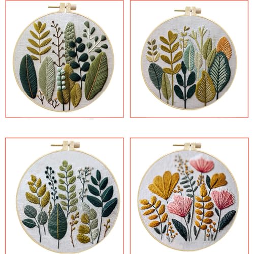 MULTIONS 4 Pack Embroidery Kit for Beginners, Cross Stich for Adults, Embroidery Starter Kits with Pattern, Hoop, Neeldes, Scissor(Flower and Plants) - color: Flowers and Plants
