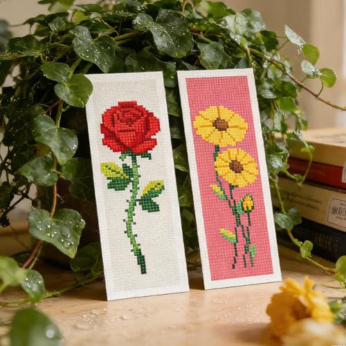INFUNLY 6PCS Cross Stitch Bookmark Kit for Adults Rose Tulip Stamped Embroidery Bookmark Kit with Backing Felt Floss Instruction for Book Lovers Readers - style: Single Flower