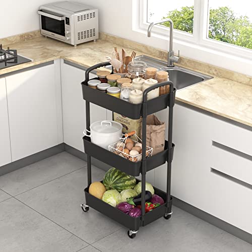 Sywhitta 3-Tier Plastic Rolling Utility Cart with Handle, Multi-Functional Storage Trolley for Office, Living Room, Kitchen, Movable Storage Organizer with Wheels, Black (Pack of 2) - color: Black, size: 3-tier (Pack of 2)