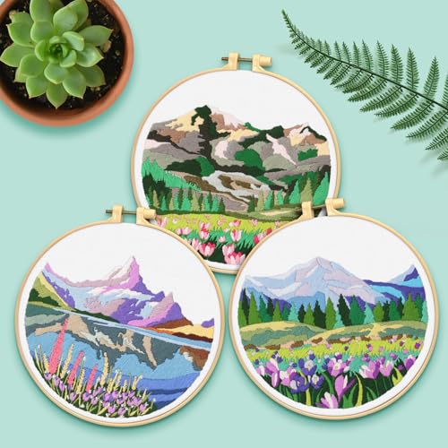 ERKOON Embroidery Kit for Beginners, 5 Sets Flower Cross Stitch Set for Adults Include Embroidery Cloth Hoops Threads for Craft Lover Hand Stitch with Skill Techniques (Landscape) - color: Landscapes