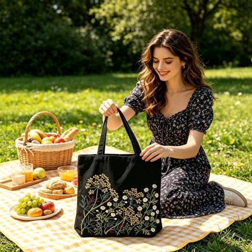 Vigdit Canvas Tote Bag Embroidery Kit for Beginners, Needlepoint Cross Stitch Kit for Adult Beginner, DIY Reusable Grocery Bags Embroidery Starter Kit with Stamped Floral Tools & Instructions - color: Flower5