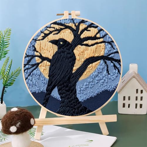 Punch Needle Kits Black Raven on Black Tree Under Moon 20x20cm-3