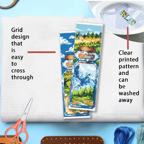 FREEBLOSS 6 Set Cross Stitch Bookmark Kit 11CT DIY Cross Stitch Kits Travel Bottle Pattern Stamped Embroidery Kit with Instructions Bookmark Making Set for Adult Beginners 8x2.4inch