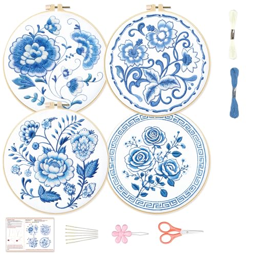 BEUNITONE 4 Set Embroidery Kit for Beginners, Blue Flower Cross Stitch Kits, Needlepoint Kits for Adults with Instructions and Full Kit, Classical Hand Embroidery Patterns for Cloth and Home Decor - style: B-Blue Flower