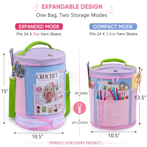 Canvas Yarn Storage Organizer with Removable Dividers, Crochet&Knitting Bag - color: Cotton Candy