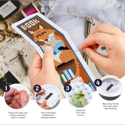 INFUNLY 6 Set Fox Reading Cross Stitch Bookmark Kit DIY Cross Stitch Kit 8"x2.4" Pre-Printed Books Stamped Embroidery Bookmark with Instructions for Beginners Book Lovers Gifts - style: Fox Reading