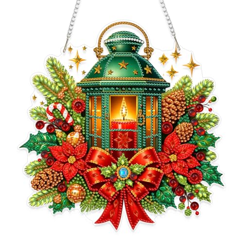 Eiflow Acrylic Christmas Diamond Art Hanging Kit for Adults Lantern, DIY Diamonds Painting Door Hanger Ornament Kit Wreath Crystal Diamond Art Painting Wall Window Hanging Pendant - color: Lantern
